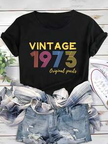 Camiseta deportiva informal con estampado vintage de 1973, camisetas de manga corta para entrenamiento con cuello redondo, camiseta deportiva para mujer para adultos, hombres, mujeres, adolescentes, jóvenes - Negro - Ver 1