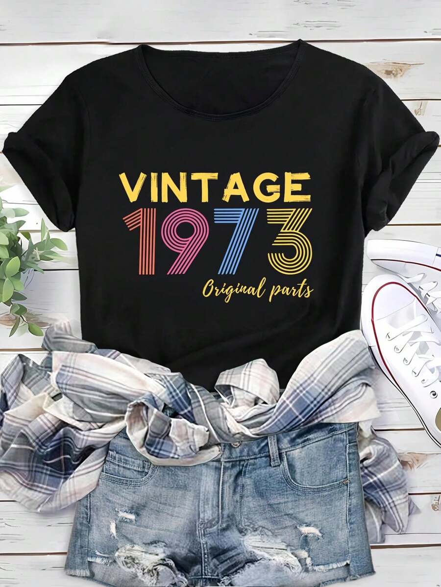 Camiseta deportiva informal con estampado vintage de 1973, camisetas de manga corta para entrenamiento con cuello redondo, camiseta deportiva para mujer para adultos, hombres, mujeres, adolescentes, jóvenes - Negro - Ver 1