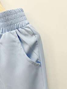 2 piezas Conjunto de verano para niñas, Blusa corta con hombros descubiertos y volantes + Pantalones anchos de cintura alta, Conjunto casual elegante y dulce para niños - Celeste - Ver 8