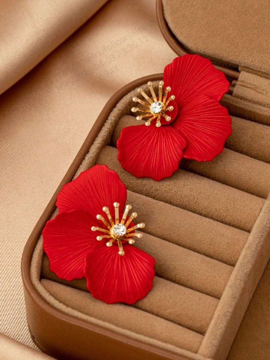 1 对时尚优雅夸张漆面金属花卉耳环 - 紅色 - 查看 1