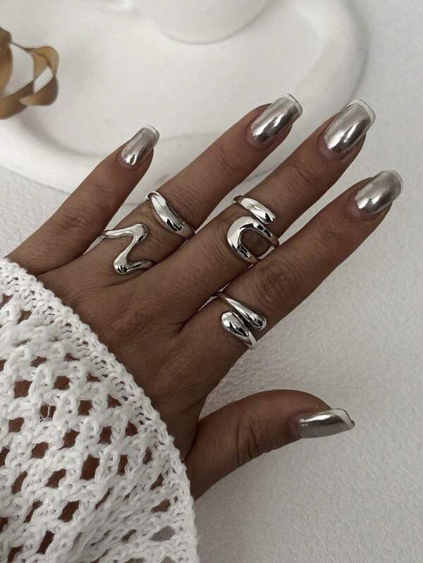 4 Stücke/Set Vintage geometrischer runder offener Ring & asymmetrischer flüssiger Ring Schmuckset, geeignet für Frauen Urlaub, Party und täglichen Gebrauch