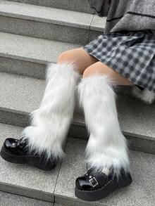 1 双白色纯色人造毛皮蓬松腿套，Y2K 风格，四季皆宜，舒适保暖 - 白色 - 查看 3