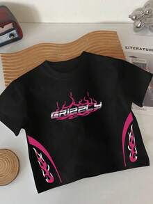 Áo thun cổ tròn in chữ và ngọn lửa thường ngày cho bé trai, mùa hè - màu đen - Xem 1