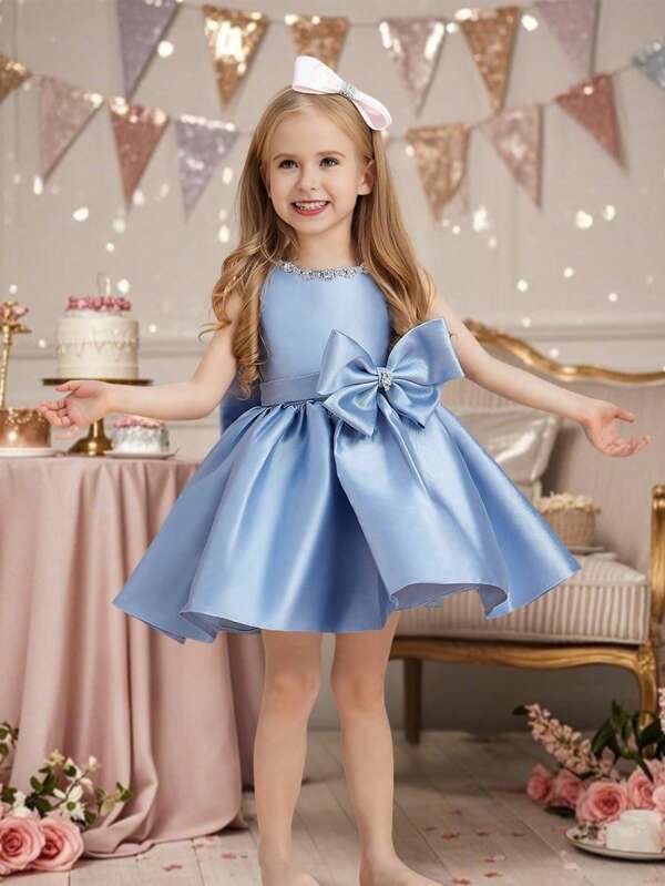 Girls' Elegant Sleeveless Rhinestone Bow Decor Princess Dress, Suitable For Flower Girl, Wedding, Party, Prom, Graduation, Summer