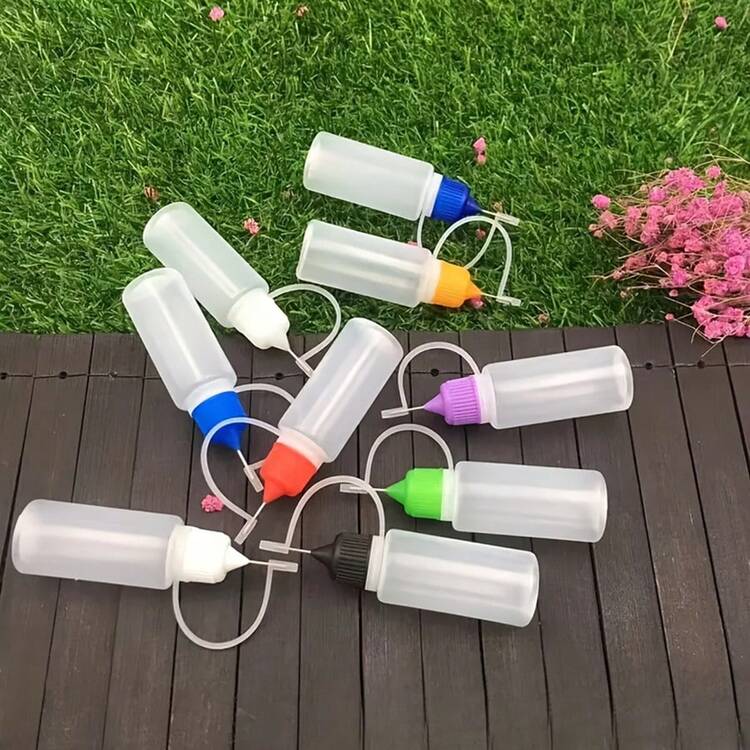 4/8/16 piezas Botella de líquido con punta de precisión de 10 ml, incluye mini embudo, botella de pegamento con aguja de 10 ml, colores aleatorios, para pintura, pegamento, tinta, arte acrílico y otros materiales plásticos DIY (el color de la tapa del frasco es aleatorio) - Multicolor - Añade 2