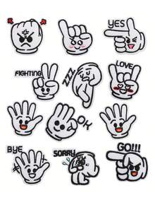 12/24pcs Cute Black & White Hand Gesture Iron-On Patches DIY Clothes Backpack Decoration Applique Embroidered Badges - Multicolor - View 8