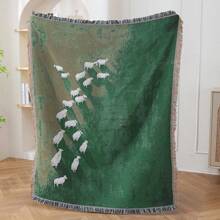 1pc Lamb Under The Sky Pattern Bohemian Tassel Jacquard Weave Blanket, Thick, Soft, No Printing, Washable, Easy Care, Colorfast, Suitable For Home Decor, Sofa, Chair, Bed, Wall Hanging, Tablecloth, Floor, Garden, Picnic, Outdoor Camping