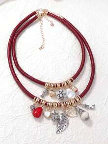 1pc European & American Style Handmade Luxurious Geometric Leaf & Fish Pendant PU Leather Rope Multi-Layer Necklace For Women, Elegant Design - Layered Necklace - View 4