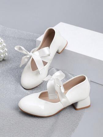 Zapatos de vestir para niñas Zantong con brillos, estilo Mary Jane con tacón y moño, tacón bajo para fiestas, bodas y princesas (Bebé/Niña pequeña/Niña grande)