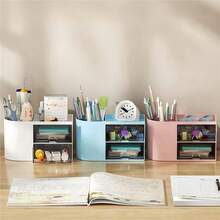 1 件迷你 2 抽屉桌面收纳盒，适用于文具和化妆品 - 带笔架的多功能收纳盒，紧凑节省空间的设计 - 返校用品、宿舍和办公桌必需品 - 彩色 - 查看 4