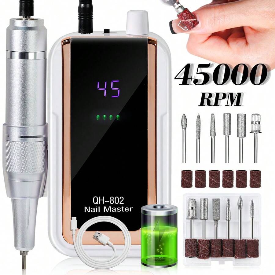 USB- Rechargeable Nail Drill Machine 45000 RPM – Professional Cordless Manicure Tool With Adjustable Speed, Quiet & Portable For Salon/Home DIY - White - View 1