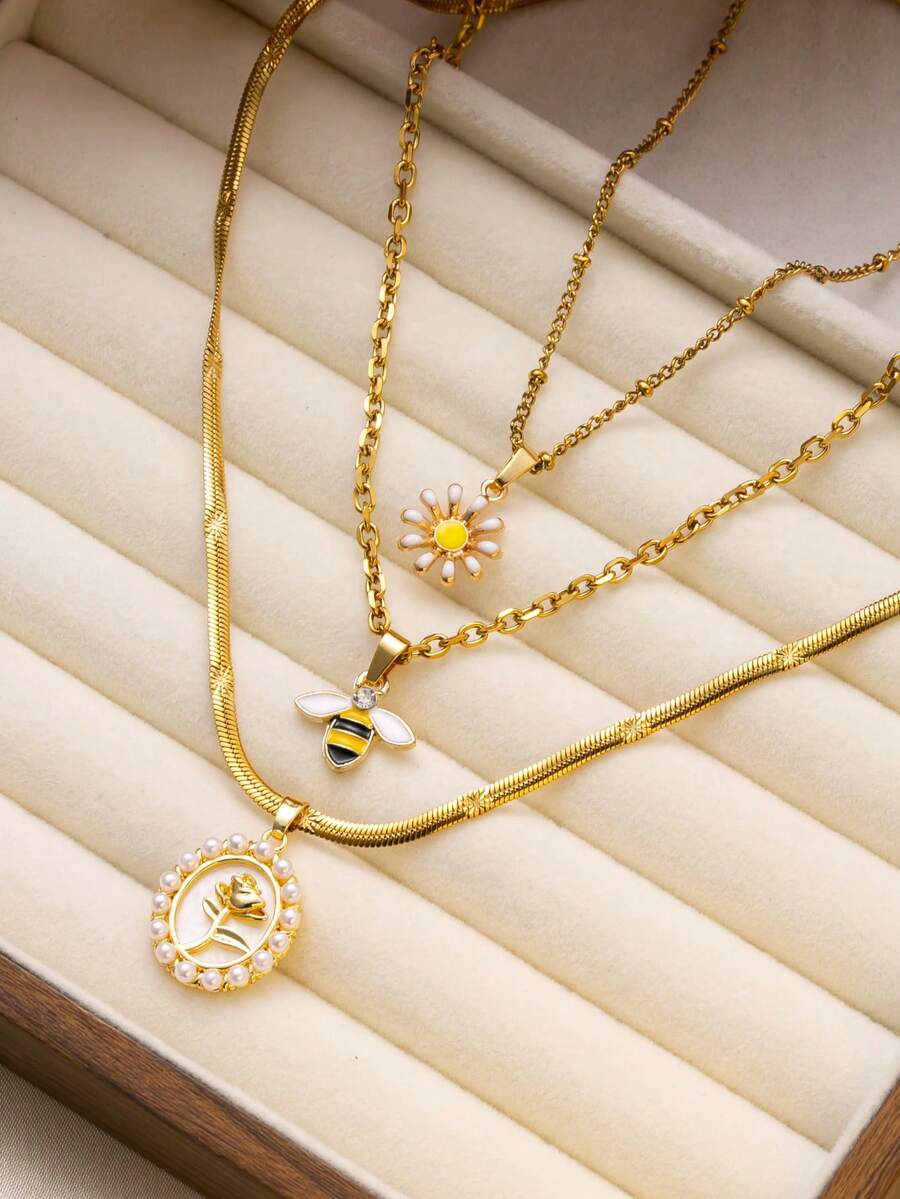 2/3 件时尚优雅不锈钢金色项链，带蜜蜂和雏菊花卉元素，适合女性日常佩戴、场合、母亲节、礼物 - 金色 - 查看 1