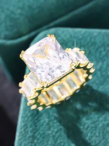 1pc Men's Luxury Rectangular Cubic Zirconia Inlaid Ring, Ceremonial Surprise Gift For Father's Day - Yellow Gold - View 9