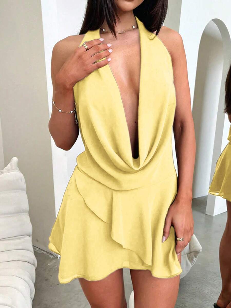 纯色挂脖 V 领露背不对称下摆紧身透视连衣裙 - 黃色 - 查看 1