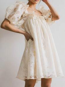 Women Summer Mini Dress Puff Sleeve Square Neck Flower Princess Dress Summer A Line Dress Beach Vacation Dress - 米色 - 查看 1