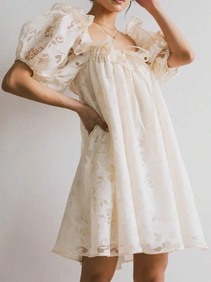 Women Summer Mini Dress Puff Sleeve Square Neck Flower Princess Dress Summer A Line Dress Beach Vacation Dress - 米色 - 查看 1