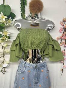 B076 Short Bell Sleeves With Elasticated Chest - 橄欖綠 - 查看 4