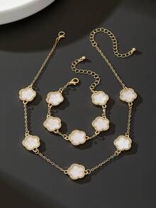1 Set Of Elegant & Sweet Rhinestone White Clover Flower Bracelet And Necklace - White - View 3