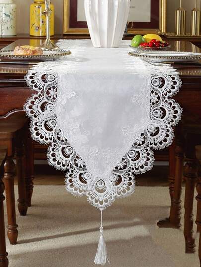 1 件缎纹锦缎面料桌旗，精致双色水溶性刺绣蕾丝边，可用作厨房、餐桌旗、餐垫、野餐垫、礼物、家居装饰、家庭聚会、节日装饰、室内室外、别墅、派对、婚礼装饰，有多种尺寸可供选择
