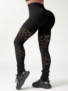 Leggings deportivas de red con parches de leopardo para mujer - Negro - Ver 3