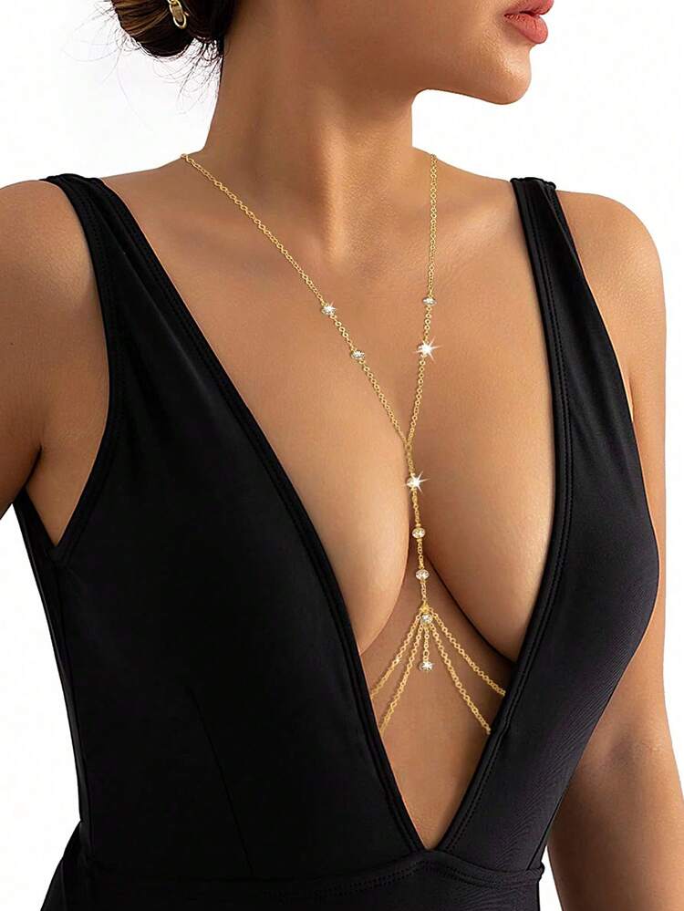 Chaînes pour le corps sexy avec franges dorées pour femmes, bikini avec soutien-gorge croisé serti de strass, chaîne de taille en cristal pour le ventre, pour plage, vacances et fêtes pour filles et femmes - chaîne de corps en strass - Voir 10