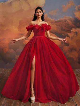 VIPGIRL 우아한 망사 소재 벨벳 슬릿 맥시 오프숄더 이브닝 가운, 파티 드레스, 웨딩 게스트 드레스, 포멀 드레스, 이브닝 드레스