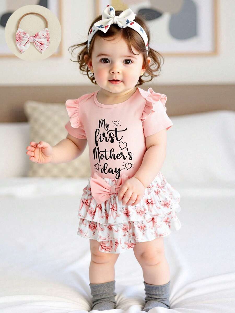 Conjuntos de pantalones cortos de verano para niñas pequeñas, mono con estampado de letras y lazo, pantalones cortos de PP con diadema - Rosa - Ver 1
