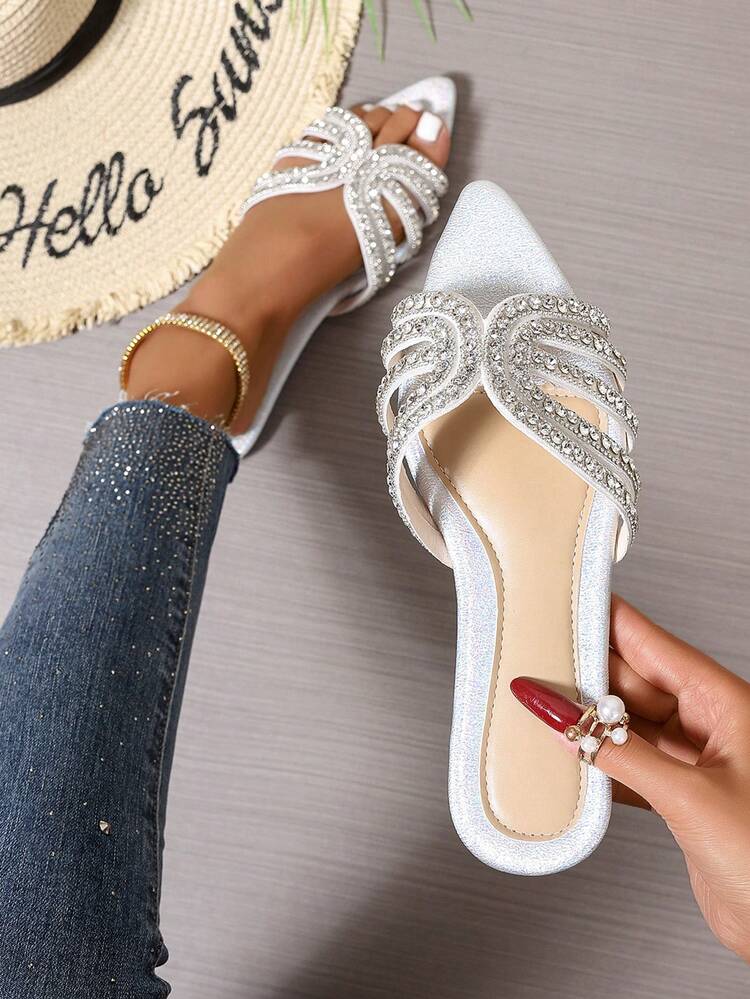 Spring/Summer New H-Shaped Slippers For Women, Fashionable Casual Slip-On Roman Style Slides,Comfortable Slouchy Sandals In Black, Beige, Brown, Flat Embossed Slides Recommended By Fashion Bloggers, Desert Key French Elegant Rhinestone Thick-Soled Wedge Sandals, Summer Beach Shoes,Minimalist Indoor Non-Slip Outdoor Wear Alligator Pattern Sandals,Versatile Flat Metal Decor Slides For Summer - Silver - View 1