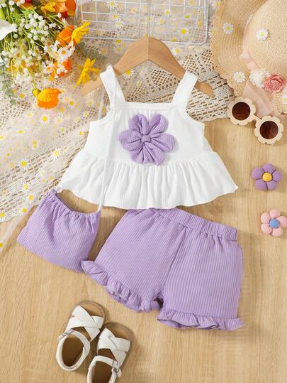 2 chiếc/Bộ đồ lót ren trắng họa tiết hoa 3D dễ thương thời trang & quần short tím trang phục mùa hè