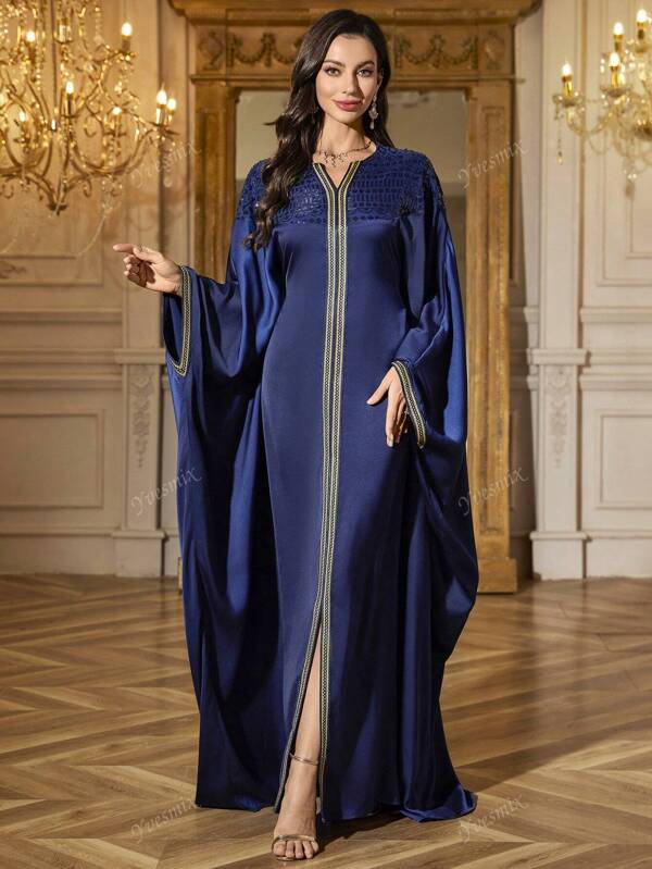 Elegant Women's V-Neck Long Sleeve Navy Blue Sequie Long Arab Floor-Length Split Front A-Line Abayas Dresses,Modest