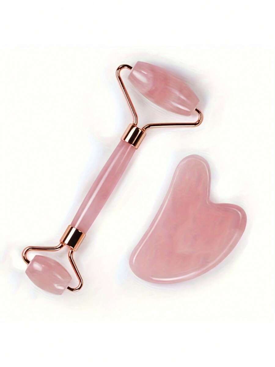1pc Pink Resin Gua Sha & Facial Roller Set - Manually Operated Tools Without Battery, For Body Relaxation, Facial Massage, Relief