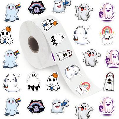 500pcs/Roll Halloween Ghost Aesthetic Stickers, 1 Inch Labels, Scrapbook Self-Adhesive, Stationery Cards Envelopes, Party Supplies, Motivational, Decorations