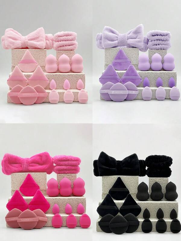Set de 18 piezas de esponjas de maquillaje suaves, incluye esponjas de maquillaje, borlas de maquillaje, difuminadores de maquillaje, brochas de belleza para base, esponjas de mezcla, 3 borlas triangulares suaves para polvo, 3 huevos de belleza en forma de calabaza, 3 brochas tipo cojín de aire y 3 mini huevos de belleza con forma de gota de agua