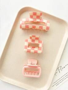 Set de 3 pinzas para el cabello de mujer con diseño de tablero de ajedrez, simples, elegantes y de moda, con patrones de unicolor y a cuadros, adecuadas para el atuendo diario, el maquillaje, el baño, con clip de mandíbula, accesorio para el cabello para mujer para vacaciones
