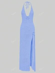Abito lungo vacanziero da donna con scollo a V, spalline, maglia lavorata a maglia, schiena scoperta, ricamo, apertura alle gambe, senza maniche, lunghezza pavimento, in raso, con spalline sottili, motivo floreale, attillato, copricostume estivo, spacco laterale, elegante, per feste e cocktail, stile Ibiza