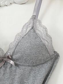 2pcs Lace Patchwork Bow Decor Romantic Side Slit Cami Nightgown - Multicolor - View 5