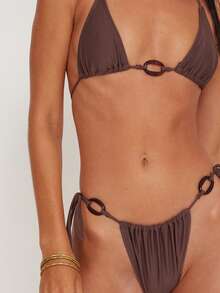 New European & American Style Women's Sexy Simple Solid Color Chest Front Waist Amber Decor Halter Drawstring Bikini Two Pieces Set, Suitable For Beach And Ocean - Grey - View 4