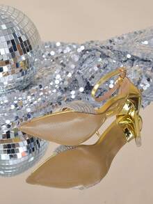 Women's Sexy High Heel Sandals With Rhinestone Strap, Pointed Toe, Stiletto, Stylish For Parties - Gold - View 8