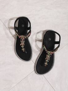 New Fashion Women Round Toe Flat Sandals, Elastic Band, Elegant, Comfortable, Versatile, Rhinestone Decor, Party Sexy