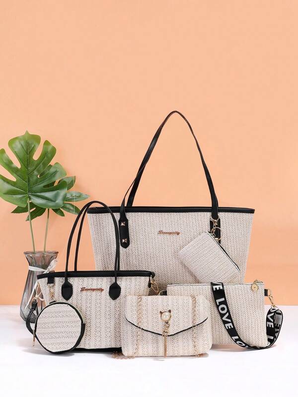 Nuevo conjunto de bolsos de mujer multipieza, bolso de hombro de moda simplificada, bolso de mano versátil, bolso bandolera con decoración de bordado de paja, estilo de zorro y perla, mercancía exportada