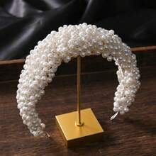 1pc Handmade Crystal & Pearl Bridal Headband, Elegant Round Shaped Pearl Hair Hoop Crown Vintage Wedding Hair Accessories, Fabric & Faux Pearl