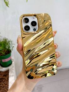 Custodia per telefono di lusso, asimmetrica, ondulata, lucida, con texture 3D morbida, compatibile con iPhone 16 Pro Max/16/16 Pro/16 Plus/15/15 Pro Max/15 Pro/11/12/13/14 Pro Max/11 Pro/11 Pro Max/12 Pro/12 Pro Max/13 Pro/13 Pro Max/14 Pro/14 Pro Max, design premium creativo, impermeabile, antiurto, anti-graffio, regalo di primavera e anniversario - oro di lusso - Visualizzare 2