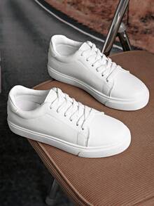Women Plus Size Fashion White Sneakers, Flat Casual Sports Shoes, Lace-Up School Student Versatile Trainers - White - View 7