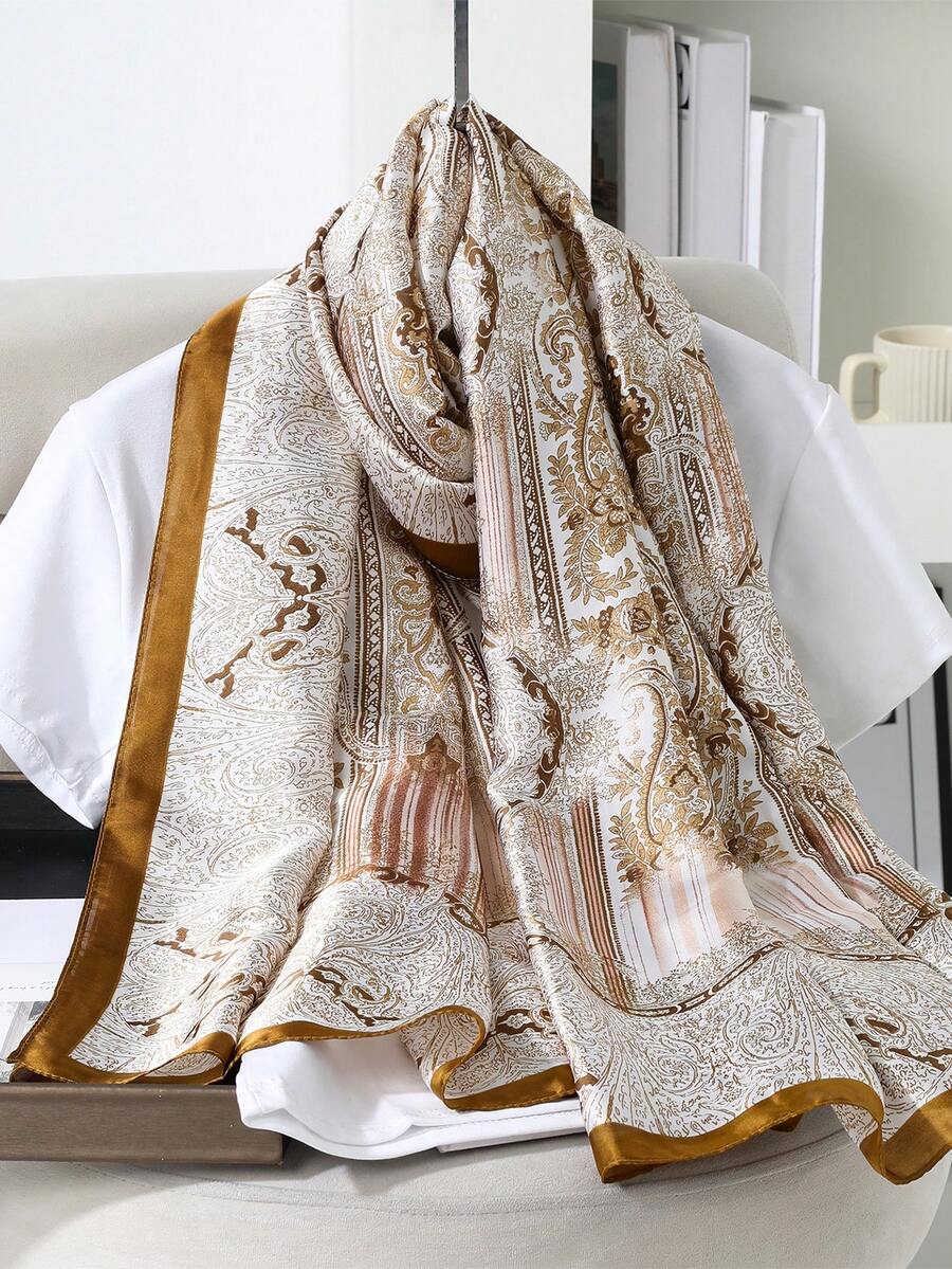 1pc Women's Faux Silk Printed Scarf, Sunscreen Shawl Wrap Suitable For Daily Use, Spring/Summer - Brown Paisley - View 1
