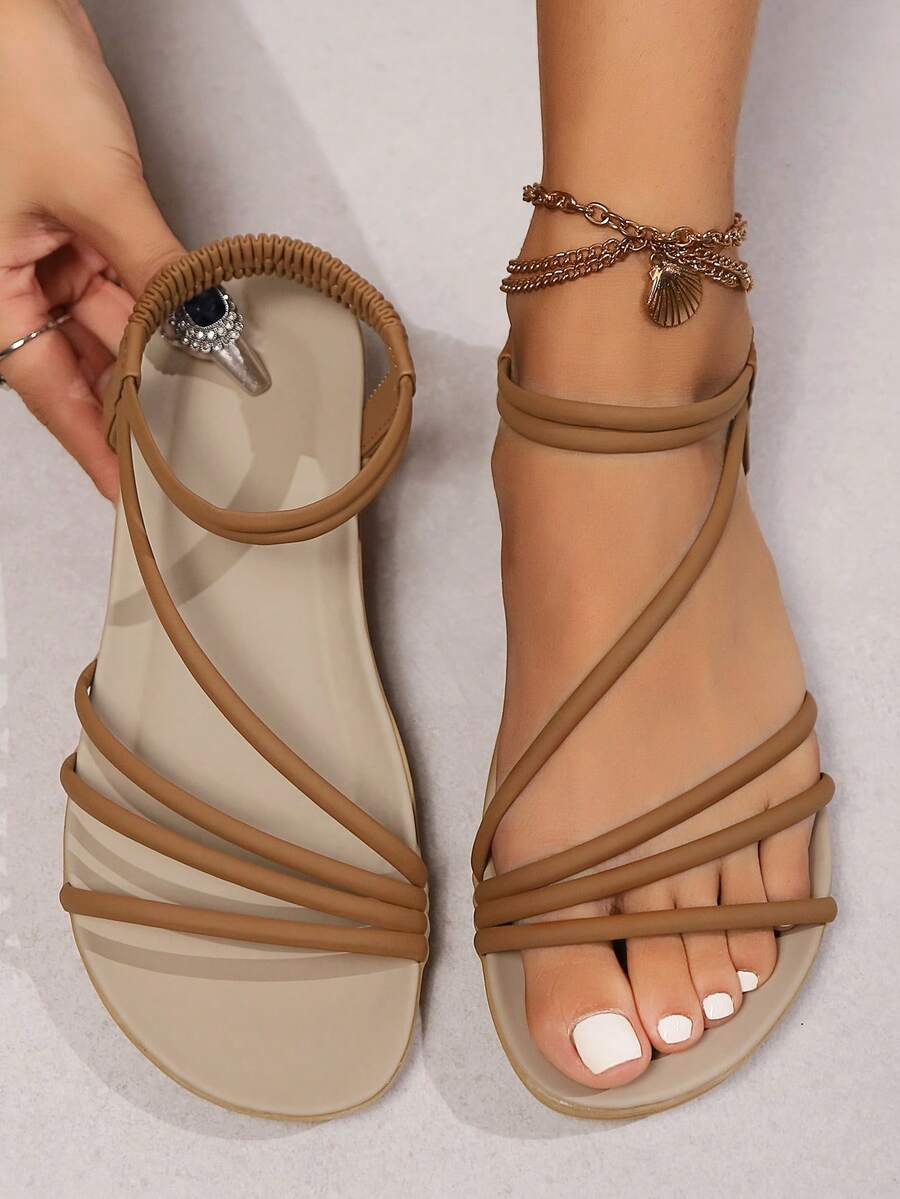 Sandal Datar Kasual Musim Panas Bergaris Elegan dan Nyaman untuk Wanita, Ukuran Besar, Warna Cokelat, Cocok untuk Pakaian Pantai