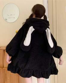 Anime Bunny Ear Hoodies Women Sweet Lovely Fuzzy Fluffy Rabbit Sweater Tops Cosplay Coats - 黑色 - 查看 5