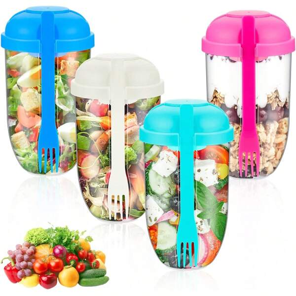 1 xícara de salada com tampa e garfo, recipiente para molho de salada fresco para almoço, comida fitness, saladeira, coqueteleira para molho de salada, recipiente de plástico para salada saudável, garfo, suporte para molho de salada, xícara de salada para piquenique e café da manhã, utensílios de cozinha, utensílios de cozinha, acessórios de cozinha, materiais de volta às aulas, adequado para refeições portáteis de café da manhã com vegetais e frutas, 1000 ml/33,8 oz
