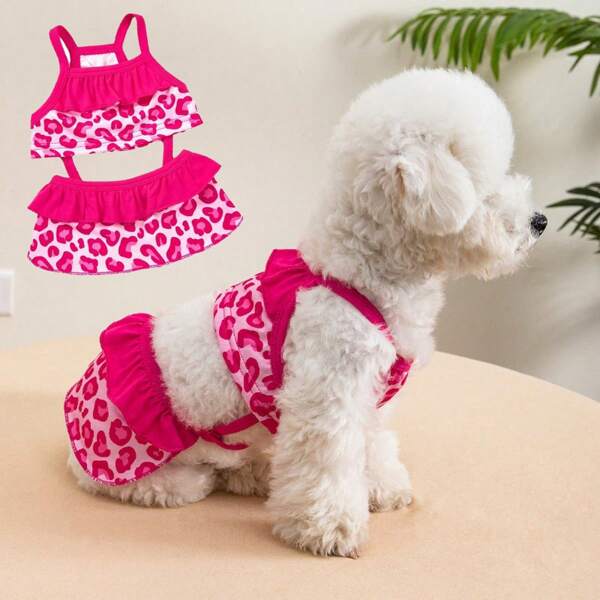 Dog Swimsuit Set, Dog Clothing, Pink Leopard Print Skirt And Swimsuit, Summer Fashionable Breathable Bikini, Pet Photography Props, Pet Supplies,Suitable For Dogs And Cats Swimming