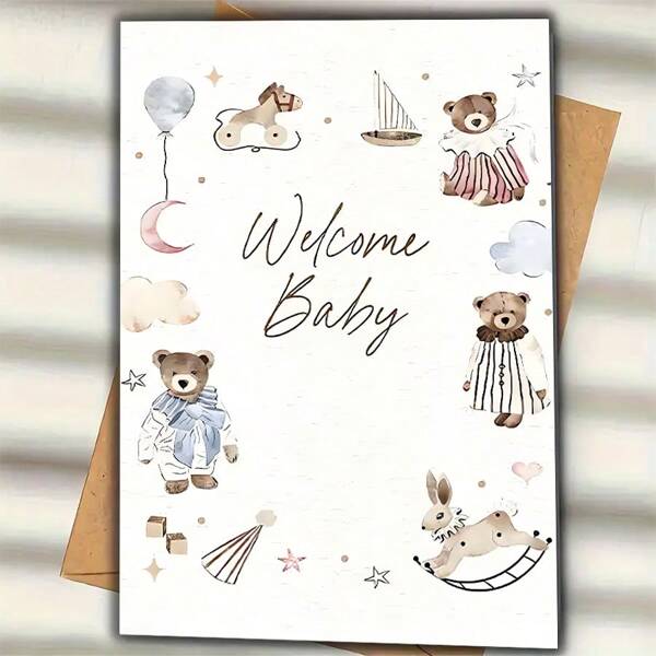 1pc Cute Bear Design Greeting Card With Envelope (12x17cm), Congratulatory Card Suitable For Mother, Neighbor, Friend, Sister, Pregnancy Celebration Events
