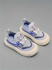 1 Pair Round Toe Color Block Cartoon Doll Decor Casual Sport Shoes For Boys & Girls, Suitable For All Seasons